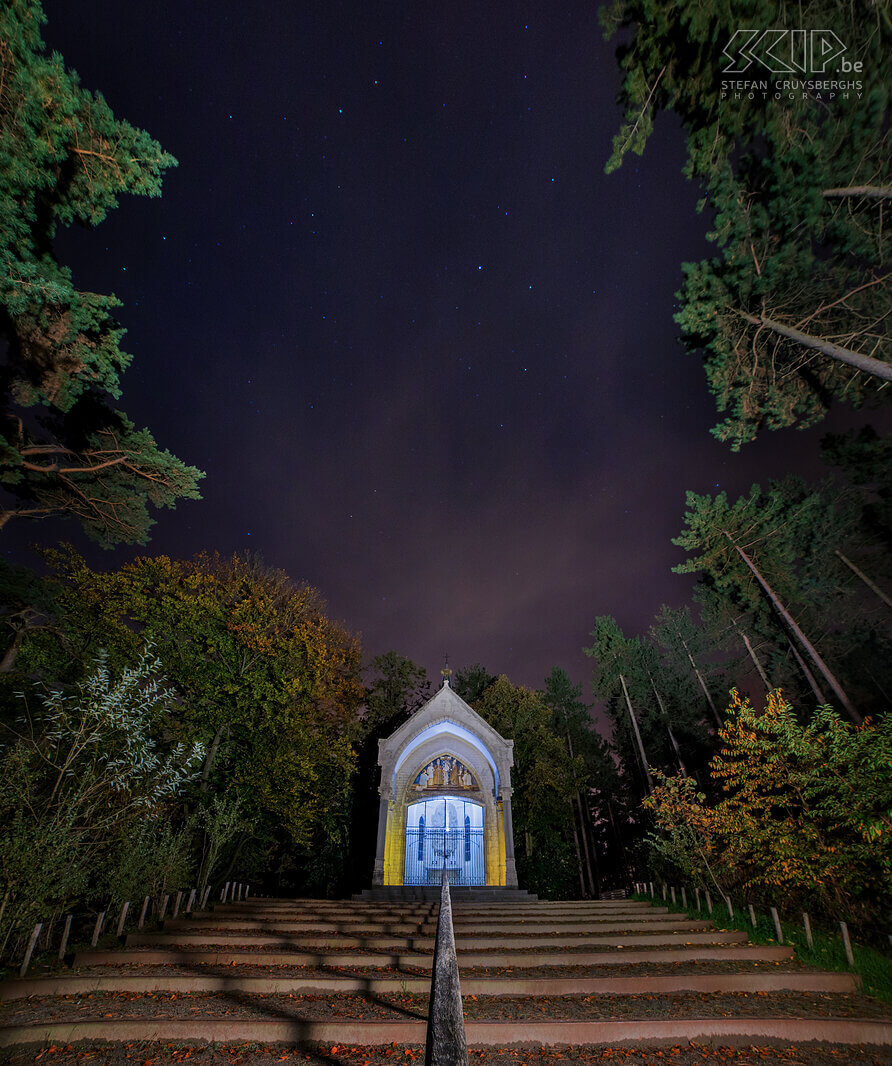 Hageland by night - Coronation Chapel in Averbode The beautiful Coronation Chapel in Averbode was renovated a couple of years ago and it is located in the forest on top of a hill opposite the abbey. It is very dark in the evening, but by being creative with a couple of LED lights I have been able to make following images. In 1910 the statue of Our Lady of the Sacred Heart was crowned in the Abbey of Averbode. Two years later in 1912, this neo-Gothic Coronation Chapel was built.  Stefan Cruysberghs